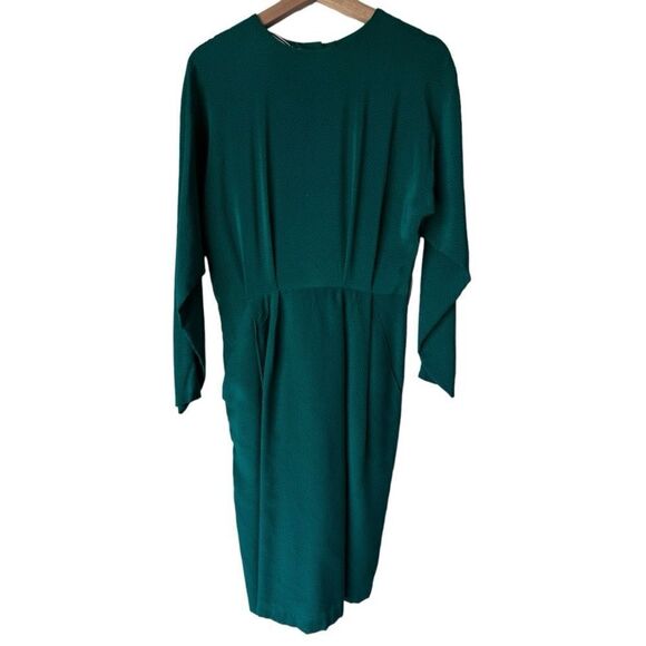 Women's dress emerald long sleeve KENAR2 100% Silk green back button neck size 6 - Picture 1 of 11